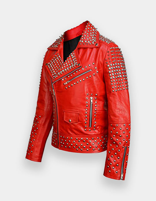 Men's Red Full Studded Leather Jacket, Biker-Jacke mit Nieten